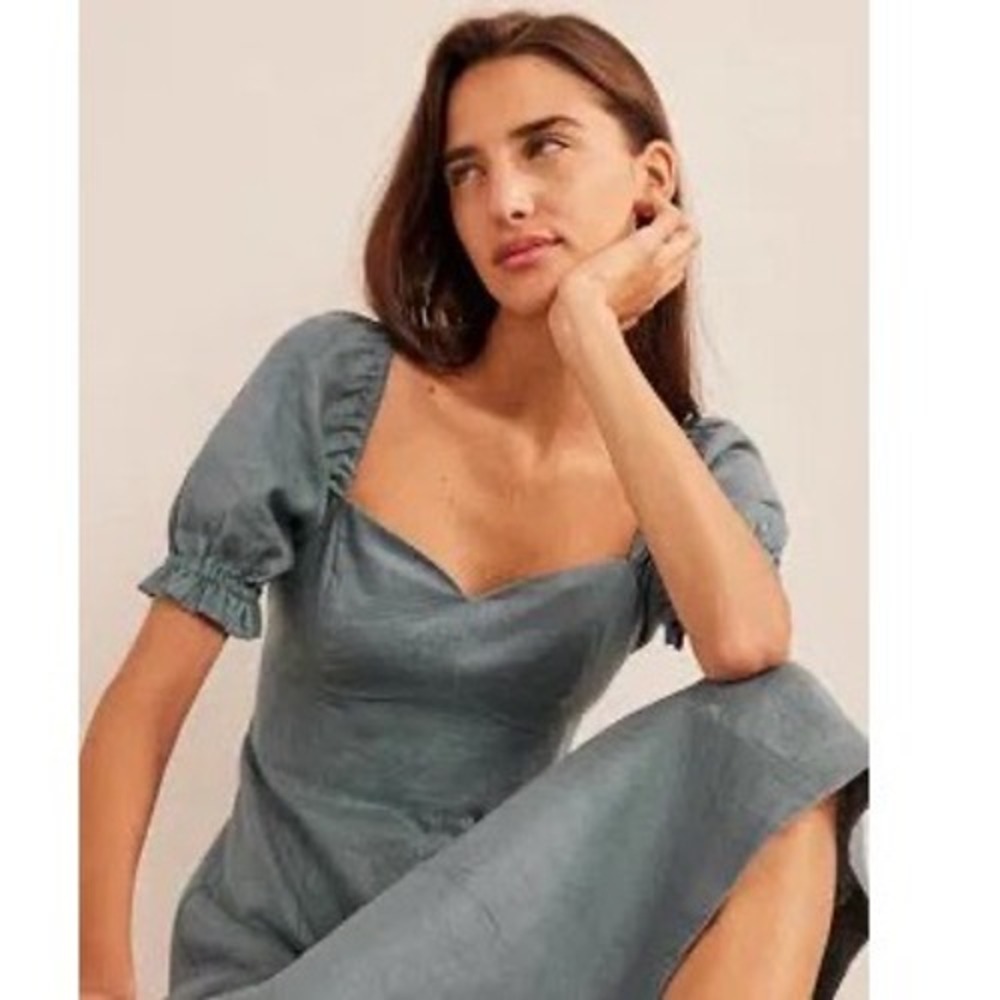 Boden Linen Sweetheart Midi Dress‎ in Deep Sea Green/Blue, NWT, Women's US 14R